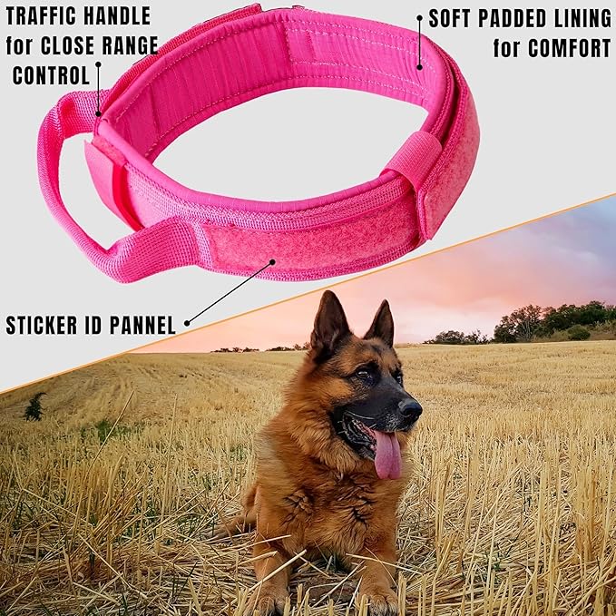 ADITYNA Tactical Dog Collar for Extra-Large Dogs - Soft Padded, Heavy Duty, Adjustable, Military, Big Pink Collar with Handle for Training and Walking