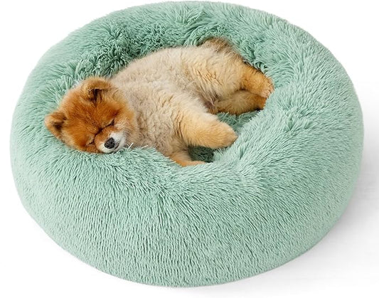 Bedsure Calming Dog Bed for Small Dogs - Donut Washable Small Pet Bed, 23 inches Anti-Slip Round Fluffy Plush Faux Fur Large Cat Bed, Fits up to 25 lbs Pets, Garden Green