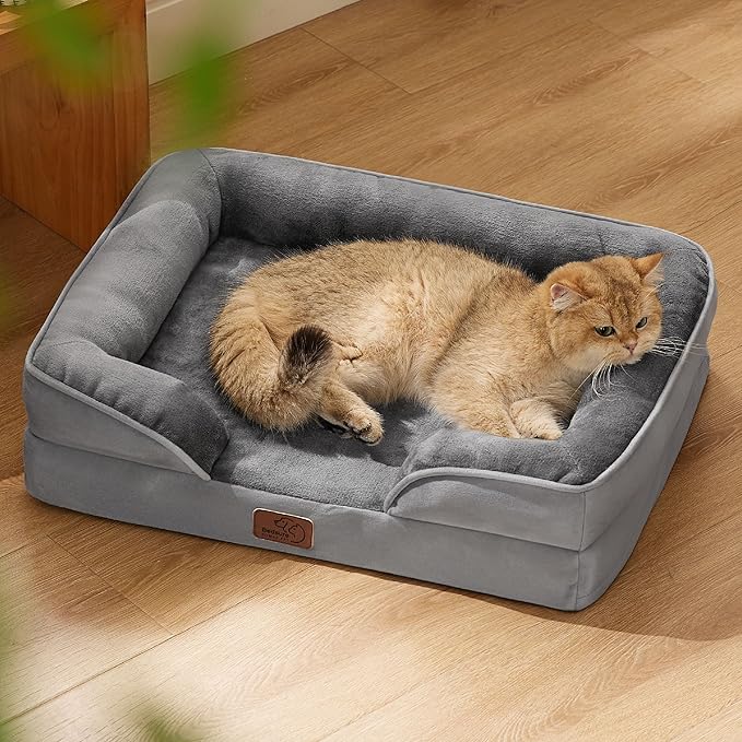 Bedsure Cat Beds for Indoor Cats - Washable Bolster Dog Sofa Beds for Extra Small Dogs, Supportive Foam Pet Couch Bed with Removable Washable Cover, Waterproof Lining and Nonskid Bottom, Grey