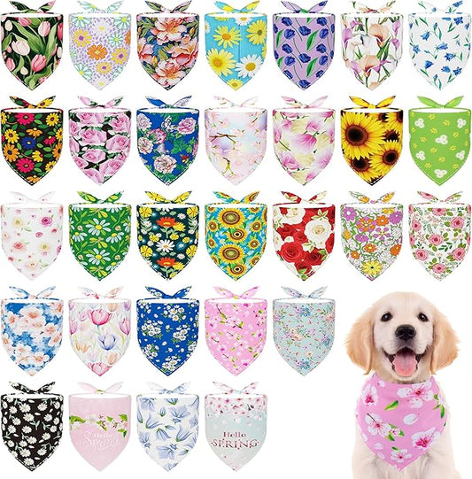 30 Pcs Spring Dog Bandanas Bulk 25 Inch Summer Flowers Dog Bandanas for Small Medium Dogs Breed Adjustable Polyester Scarves Grooming M
