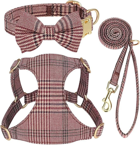 Beirui Cute Small Dog Harness Collar and Leash Set with Bowtie, Soft Adjustable Plaid Puppy Harness for Small Sized Dogs Cats Walks Parties and Photoshoots(Maroon,XS:Chest 13-18")