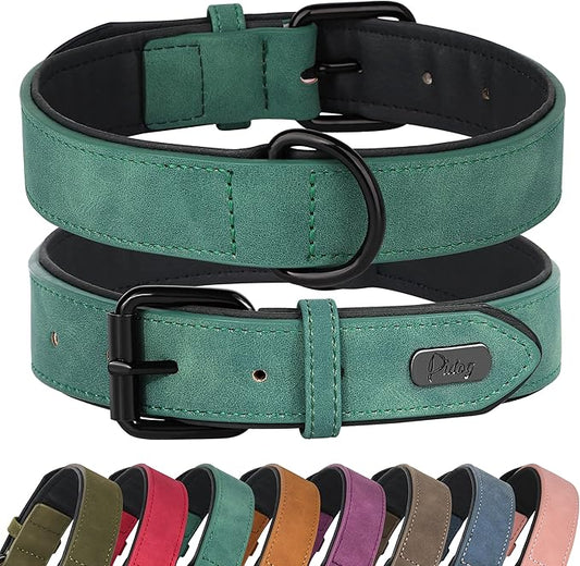 Didog Soft Padded Leather Dog Collar, Breathable Heavy Duty Dog Collar Faux Leather with Adjustable Rust-Proof Metal Buckle for Small Medium Large Dogs, Green, L Fit Neck 13-17"(22-44 lbs)