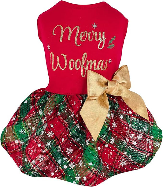 Fitwarm Merry Woofmas 100% Cotton Dog Christmas Outfits Girl Dog Holiday Dress Lightweight Doggie Costume Puppy Clothes Pet Apparel with Bowknot Cat Clothing Red X-Small
