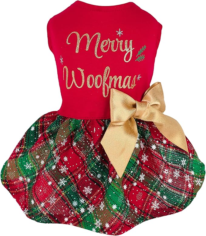Fitwarm Merry Woofmas 100% Cotton Dog Christmas Outfits Girl Dog Holiday Dress Lightweight Doggie Costume Puppy Clothes Pet Apparel with Bowknot Cat Clothing Red Large