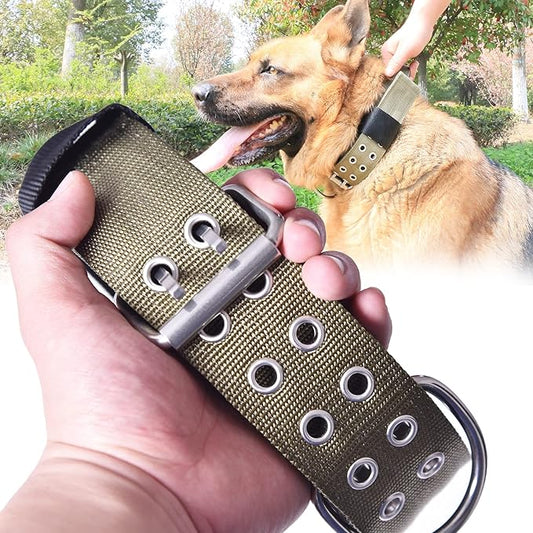 Large Dog Collar Heavy Duty- 2 inches Wide Tactical Dog Collar with Handle for Gaint Dogs, Extra Strong Nylon with Stainless Hardware, Military Green 22"-27"