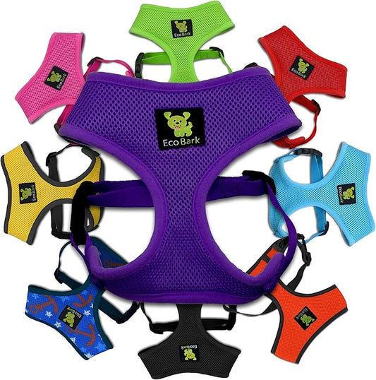 EcoBark Dog Harness - Eco-Friendly Max Comfort Harnesses - Luxurious Soft Mesh Halter - Over The Head Harness Vest- No Pull and No Choke for Puppy, Toy Breeds & Small Dogs (Medium, Purple)