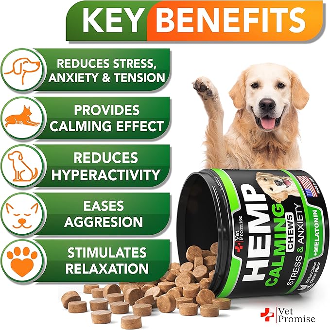 Hemp Calming Chews for Dogs with Anxiety and Stress - Dog Calming Treats - Anxiety Relief - Separation - Travel - Barking - Melatonin - Hemp Oil - 120 Soft Treats - Made in USA
