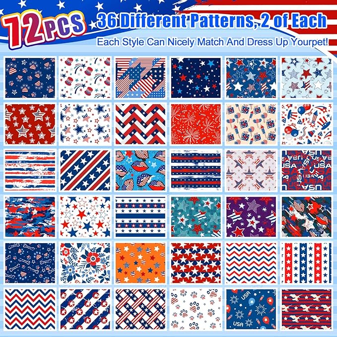 72 Pcs Dog Bandanas Bulk for Summer Adjustable Washable Pet Triangle Scarf Soft Kerchief Bib for Summer Holiday Pet Costume Accessories(Patriotic)