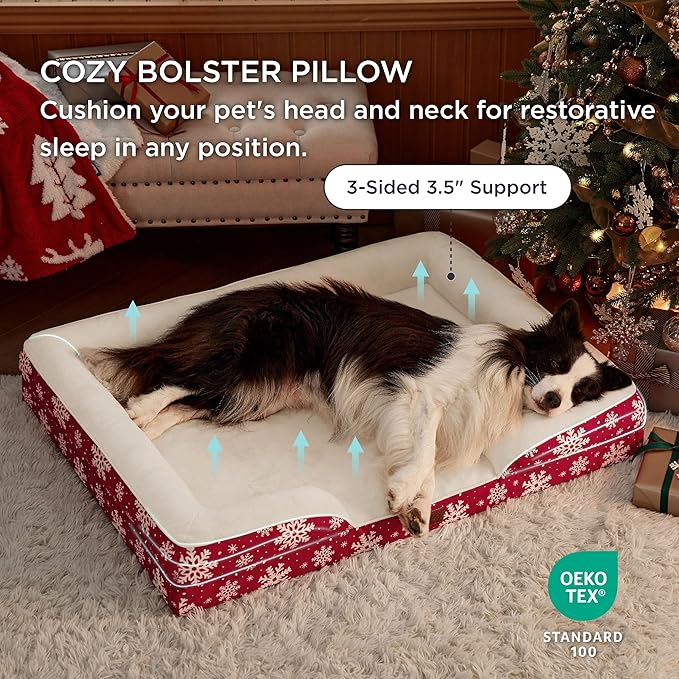 Bedsure Orthopedic Dog Beds Large Sized Dog - Washable Large Dogs Bed Waterproof, Big Comfort Pet Couch with Washable Removable Cover, Supportive Foam Pets Sofa with Nonskid Bottom, Amber Noel-Red