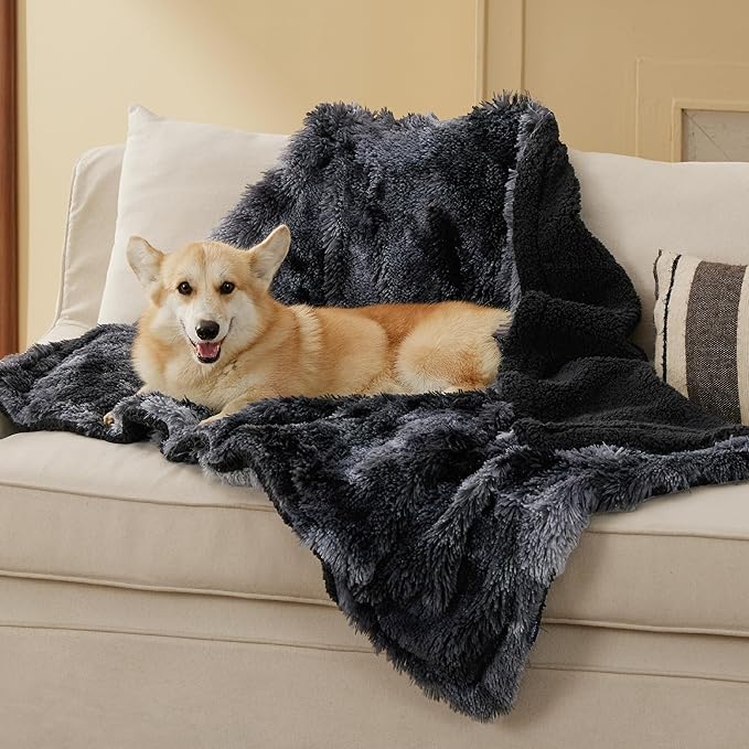 Bedsure Waterproof Dog Blankets for Large Dogs - Calming Cat Blanket for Couch Protector Washable, Long Faux Fur Pet Throw Blanket for Puppy, Reversible Furniture Protection, 40"x50", Tie-dye Black