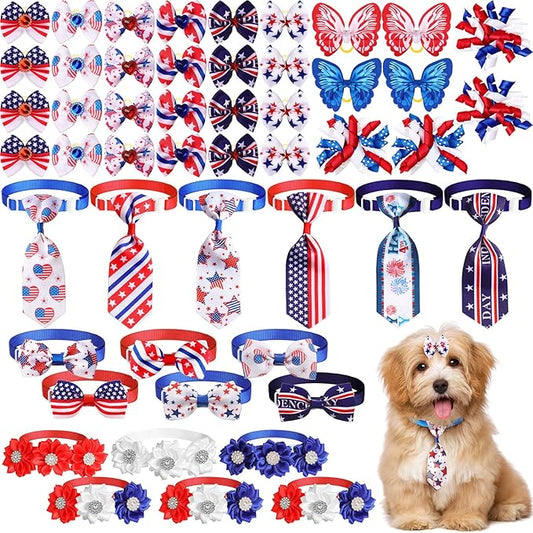 50 Pcs Dog Collar Bows Ties Set Patriotic Memorial Day 4th of July, Bow Flowers Charms Grooming for Small Medium Large Dogs Cats Collar Independence Day Party Decoration Costume Supplies