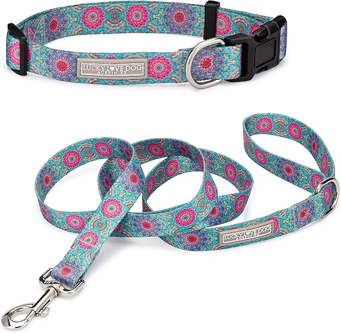 Lucky Love Dog, Boho Chic Matching Dog Collar and Leash Set, Vivid Pink and Turquoise Collar and Leash for Dogs, Soft, Adjustable, Safe for Training and Walking - (X-Small, Clara Combo)