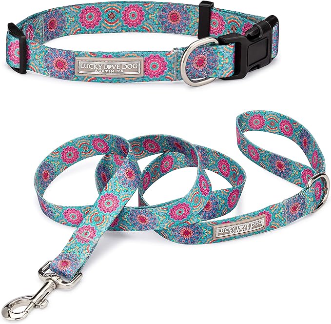 Lucky Love Dog, Boho Chic Matching Dog Collar and Leash Set, Vivid Pink and Turquoise Collar and Leash for Dogs, Soft, Adjustable, Safe for Training and Walking - (Medium, Clara Combo)