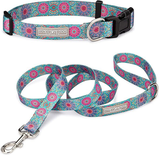 Lucky Love Dog, Boho Chic Matching Dog Collar and Leash Set, Vivid Pink and Turquoise Collar and Leash for Dogs, Soft, Adjustable, Safe for Training and Walking - (Medium, Clara Combo)