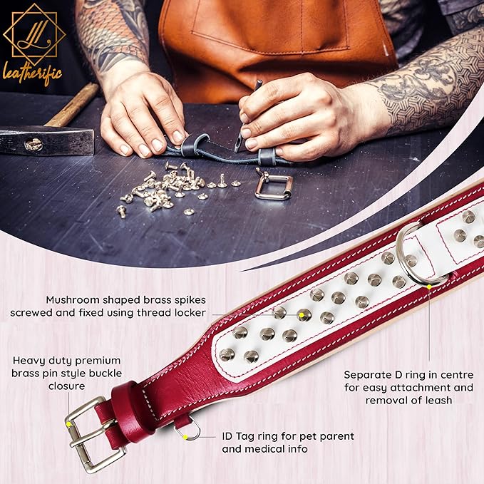 Genuine Leather Dog Collar by Leatherific, Premium Bridle Leather, Heavy Duty, Padded, Strong, Screwed Spikes, Medium, Large, Extra Large Breeds, 2" Wide (Red, Neck Size 22"-26")