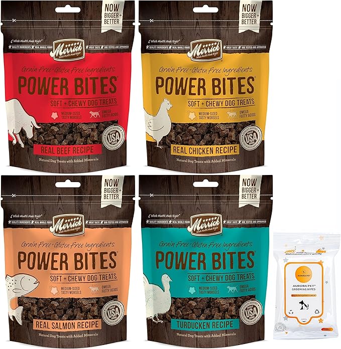 Aurora Pet Variety Pack (4) Power Bites Grain Free Dog Treats [Chicken, Beef, Turducken, Salmon] 6-oz Each with AuroraPet Wipes