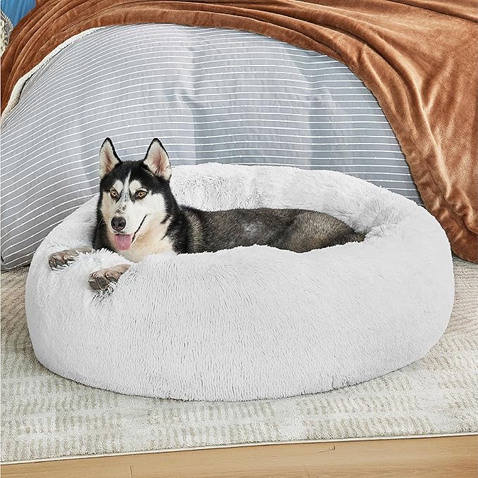 Bedsure Calming Dog Bed for Large Dogs - Donut Washable Large Pet Bed, 36 inches Anti-Slip Round Fluffy Plush Faux Fur Dog Bed, Fits up to 100 lbs Pets, Frost Grey