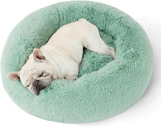 Bedsure Calming Dog Bed for Medium Dogs - Donut Washable Medium Pet Bed, 30 inches Anti-Slip Round Fluffy Plush Faux Fur Cat Bed, Fits up to 45 lbs Pets, Garden Green