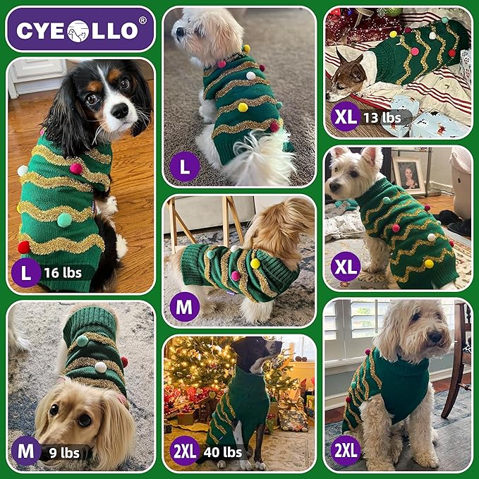 cyeollo Dog Christmas Sweater Sparkly Holiday Dog Xmas Sweaters Turtleneck Puppy Winter Clothes for Small Dogs & Cats Apparel