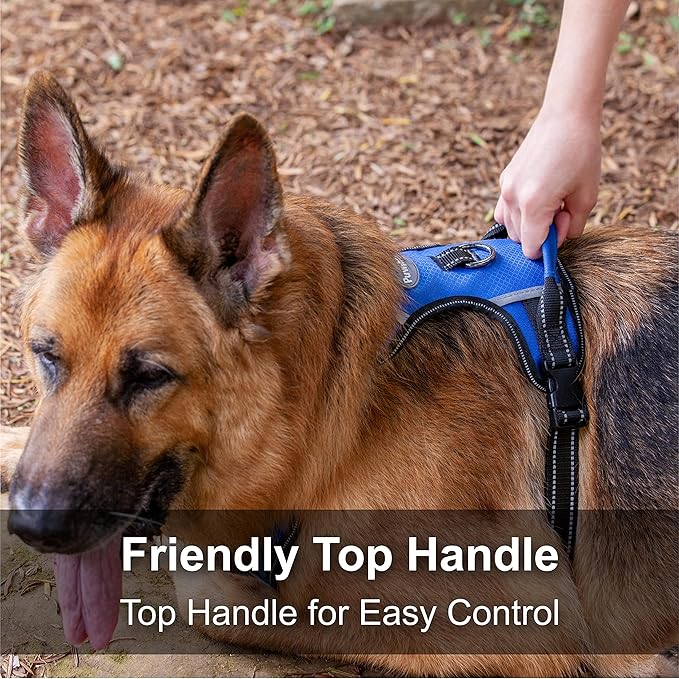 No Pull Dog Harness, Reflective Walking Harness with Easy Control Handle, Front & Back Clips, Adjustable Breathable Soft Padded Dog Vest for German Shepherd, Blue, XL