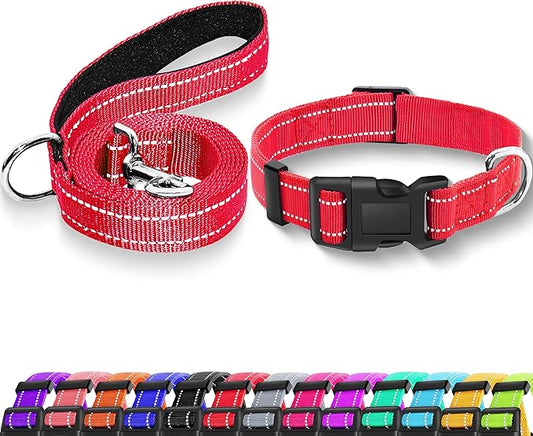 Reflective Dog Collar with Safety Locking Buckle, Adjustable Soft Breathable Nylon Collars for Small, Medium and Large Dogs(Collar+Leash S Width 3/4" Red)