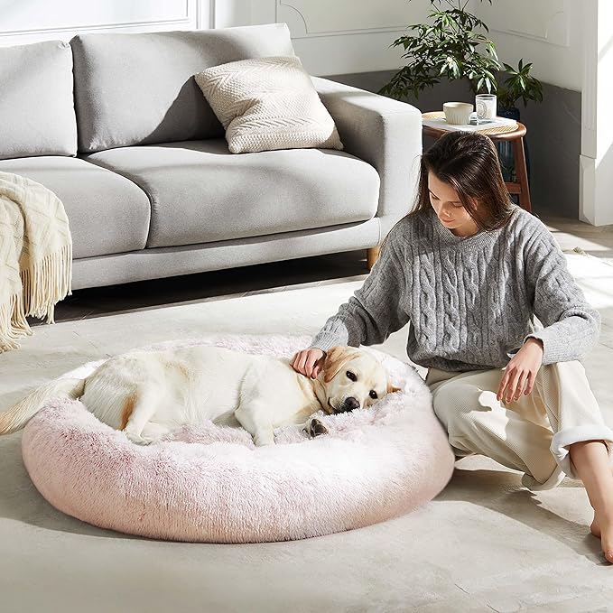 WESTERN HOME WH Calming Dog & Cat Donut Cuddler, Anti-Anxiety Warming Cozy Soft Round Bed, Fluffy Faux Fur Plush Cushion for Small Medium Dogs and Cats (20"/24"/30"/36")
