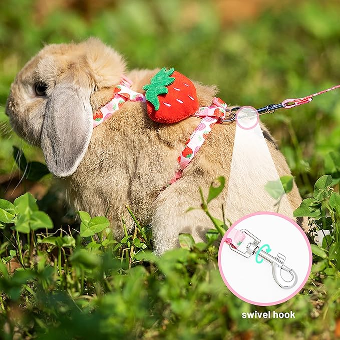 Rabbit Harness and Leash - Adjustable Bunny Harness Escape Proof for Walking Running Hiking Camping Outdoor - Pink Strawberry Pattern Cute Small Animal Harness Leash Set