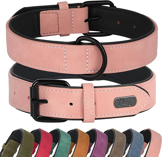 Didog Soft Padded Leather Dog Collar, Breathable Heavy Duty Dog Collar Faux Leather with Adjustable Rust-Proof Metal Buckle for Small Medium Large Dogs, Pink, M Fit Neck 12-15"(13-22 lbs)