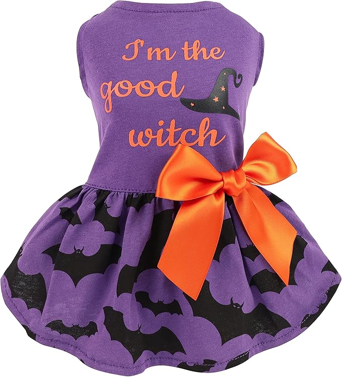 Fitwarm 100% Cotton I'm The Good Witch Halloween Dog Costume Puppy Dress Doggie Party One Piece with Bowknot Pumkin Bat Pet Vest Shirt Holiday Cat Outfits Purple Medium