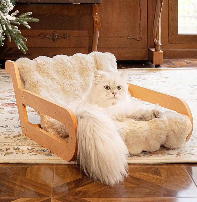 Elevated Cat Couch Bed for Indoor, Wooden Cats Sofa with Washable Fluffy Cover Raised Kitty Lounge Chair Suitable for Puppy(Cat Lounge Khaki)