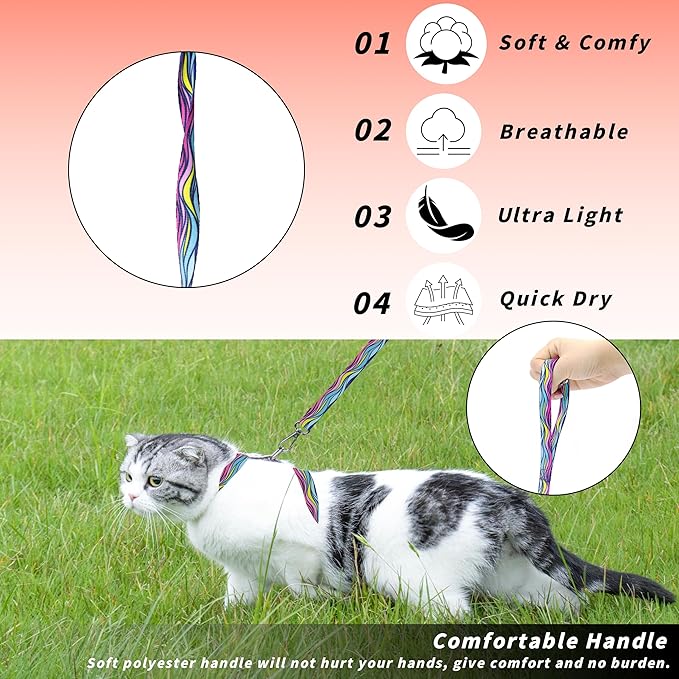 Cat Harness and Leash Set, Adjustable Kitten Harness Escape Proof Cats Harness, Soft Lightweight Walking Travel Pet Harness, Cute Kitty Harness Leash Set for Small Medium Cats, Colourful Waves