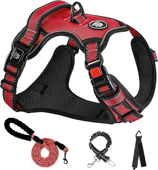 NESTROAD No Pull Dog Harness,Adjustable Oxford Dog Vest Harness with Leash,Reflective No-Choke Pet Harness with Easy Control Soft Handle for Small Medium Dogs(Medium,Red)