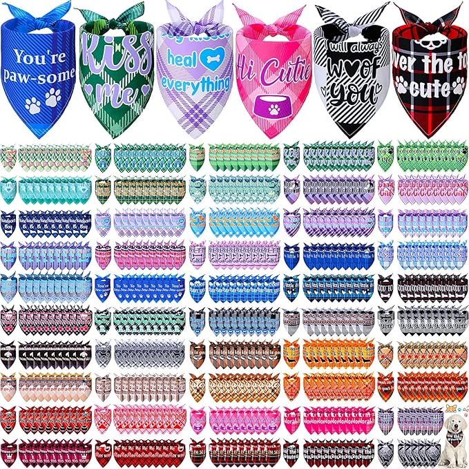 Buryeah 500 Pcs Plaid Dog Bandanas Bulk for Groomers Pet Scarf Puppy Bibs with Cute Sayings Adjustable Washable Pet Spring Summer Accessories for Small to Large Dogs Cats(Assorted Plaid)