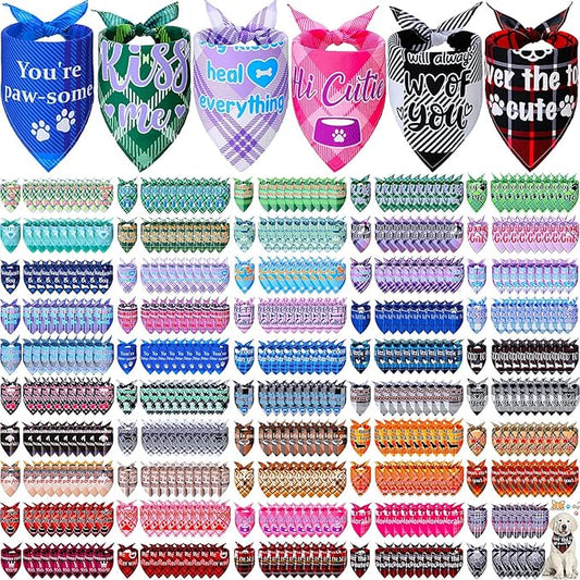 Buryeah 500 Pcs Plaid Dog Bandanas Bulk for Groomers Pet Scarf Puppy Bibs with Cute Sayings Adjustable Washable Pet Spring Summer Accessories for Small to Large Dogs Cats(Assorted Plaid)