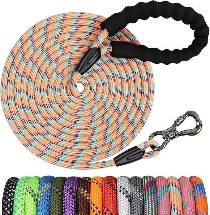 NTR 15FT Dog Long Leash, Rope Leash with Swivel Lockable Hook and Comfortable Padded Handle, Training Lead for Walking, Hunting, Camping, Backyard Small Medium Large Dogs, Pink Color, 15ft*3/8''