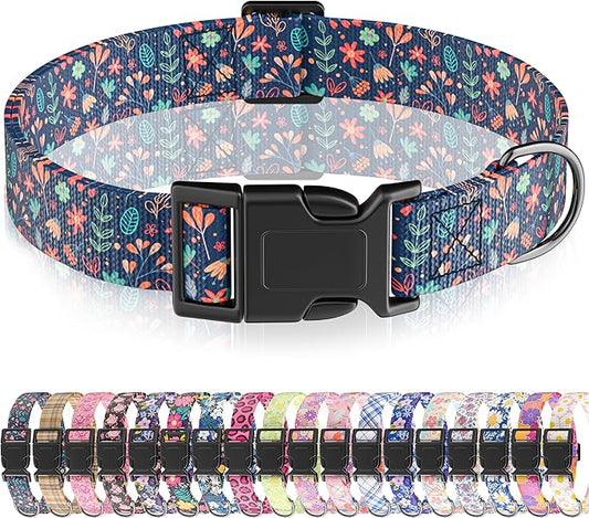 Dog Collar, Cute Floral Puppy Collar for Boys Girls Small Medium Large Dogs, Adjustable Soft Pet Collar Fancy Floral with Quick Release Buckle for Males Females, Navy Blue Floral,XS