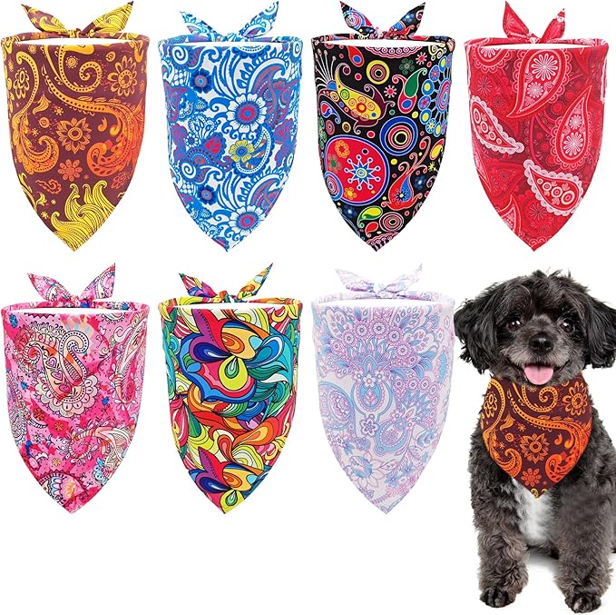 7 PCS Paisley Dog Bandanas for Small Dogs Kittens 18 Inch Polyester Dog Bandanas for Puppy Doggy XS Scarves Party Grooming S