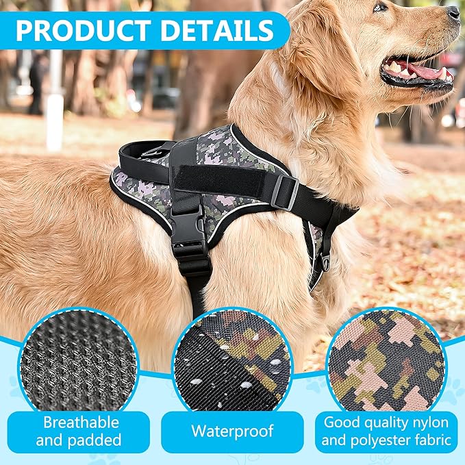 Reflective No Pull Dog Harness for Large Medium Dogs Adjustable Padded Vest 2 Leash Clips Easy Control Handle Soft Comfortable Tactical Military Grade Training Walking Hiking (Brown Camouflage M)
