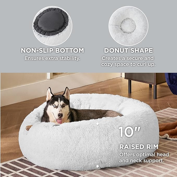 Bedsure Calming Dog Bed for Large Dogs - Donut Washable Large Pet Bed, 36 inches Anti-Slip Round Fluffy Plush Faux Fur Dog Bed, Fits up to 100 lbs Pets, Frost Grey
