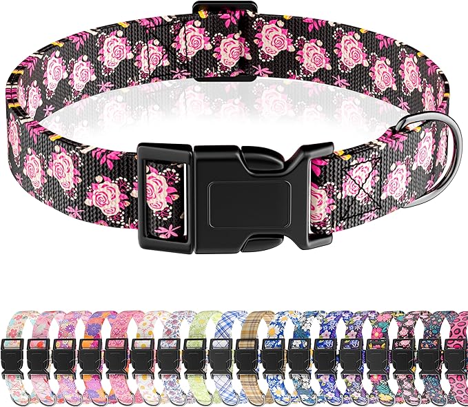 Dog Collar, Cute Floral Puppy Collar for Boys Girls Small Medium Large Dogs, Adjustable Soft Pet Collar Fancy Floral with Quick Release Buckle for Males Females, Black Rose,S