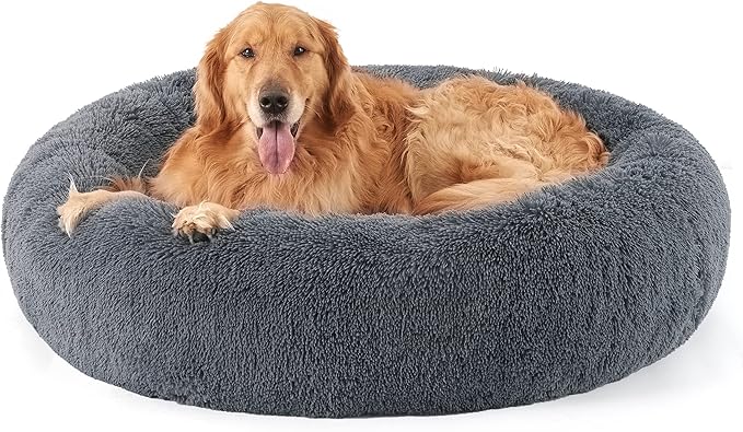 Bedsure Calming Dog Bed for Extra Large Dogs - Donut Washable Large Pet Bed, 45 inches Anti-Slip Round Fluffy Plush Faux Fur Dog Bed, Fits up to 125 lbs Pets, Grey