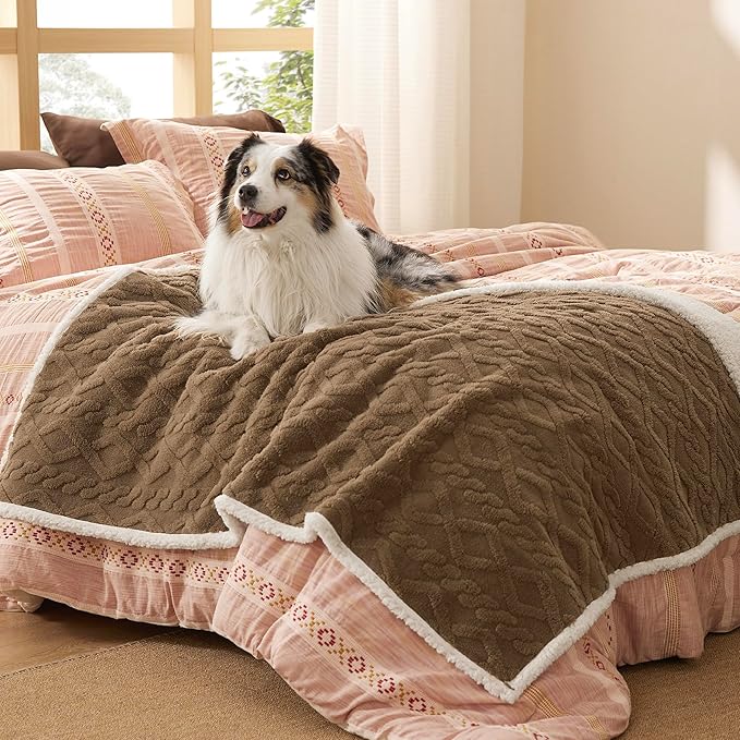 Bedsure Waterproof Dog Blankets for Large Dogs - Pet Blanket for Couch Protector Washable, Premium Jacquard Coral Fleece Cat Throw Blanket, Soft Plush Reversible Furniture Protection,50"x60", Taupe
