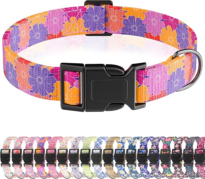 Dog Collar, Cute Floral Puppy Collar for Boys Girls Small Medium Large Dogs, Adjustable Soft Pet Collar Fancy Floral with Quick Release Buckle for Males Females, Colourful Floral,M