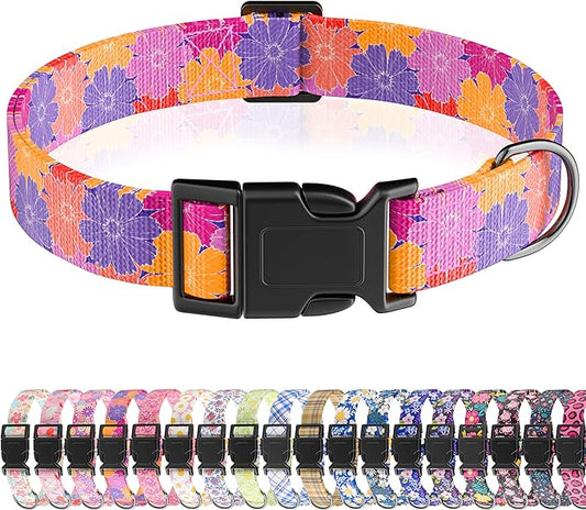 Dog Collar, Cute Floral Puppy Collar for Boys Girls Small Medium Large Dogs, Adjustable Soft Pet Collar Fancy Floral with Quick Release Buckle for Males Females, Colourful Floral,S