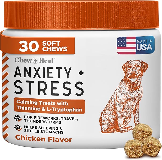 Calming Chews for Dogs - 30 Anxiety Relief Treats for Fireworks, Thunder, and Storms - Natural Dog Calming Treats for Large and Small Breeds with Thiamine, L-Tryptophan, Ginger, and Melatonin