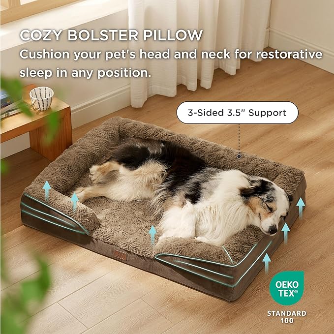 Bedsure Orthopedic Dog Bed for Extra Large Dogs - Calming XL Dog Sofa Beds with Luxurious Plush Washable, Pet Couch Bed with Removable Washable Cover, Waterproof Lining and Nonskid Bottom, Brown