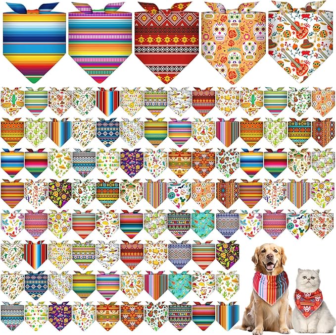 Paterr 100 Pieces Dog Bandanas Bulk Mexican Cinco De Mayo Pet Handkerchief Soft Dog Triangle Bibs Cute Adjustable Washable Pet Scarf Accessory for Small Medium Dogs Puppy Cats (Mexican Fiesta)