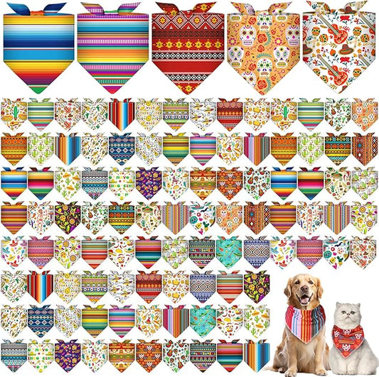 Paterr 100 Pieces Dog Bandanas Bulk Mexican Cinco De Mayo Pet Handkerchief Soft Dog Triangle Bibs Cute Adjustable Washable Pet Scarf Accessory for Small Medium Dogs Puppy Cats (Mexican Fiesta)