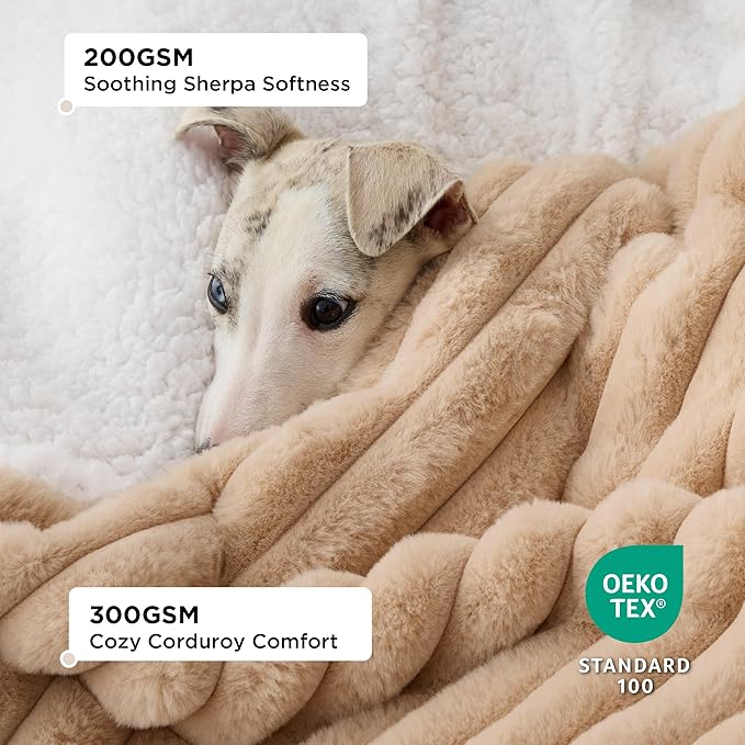 Bedsure Waterproof Dog Blankets for Large Dogs - Soft Puppy Cat Blanket Corduroy Fleece for Couch Protector Washable, Cozy Calming Reversible Furniture Protection for Pet,40"x50", Tuscan Beige