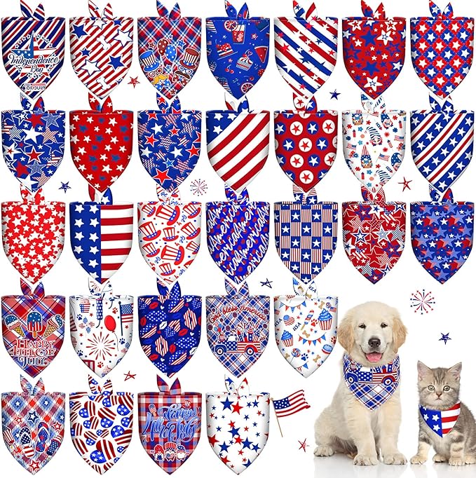 30 Pcs 4th of July Dog Bandanas Bulk American Flag Pet Scarf Triangle Bibs Holiday Puppy Bandanas Washable Adjustable Patriotic Dog Bandana for Independence Day Small Medium Large Dog Cat Pet Grooming